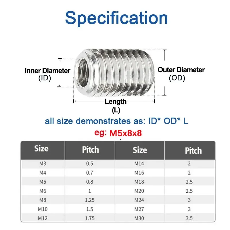 304 Stainless Steel Inside Outside Thread Adapter Screw Nuts M4 M5 M6 M8 M10 Insert Sleeve Converter Nut Coupler