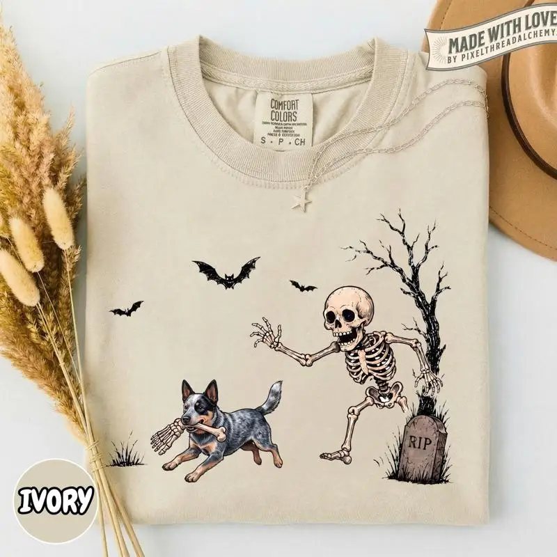 Australian Cattle Dog Halloween Skeleton Blue Heeler Spooky T-Shirt