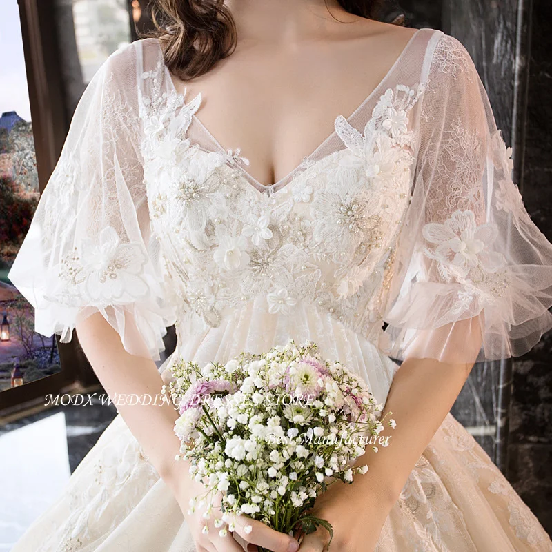 MODX Princess Lace Applique Wedding Dresses Ball Gown Puff Sleeves V Neck Bridal Gowns Luxury Bride Dress Photo shoot Vesstidos