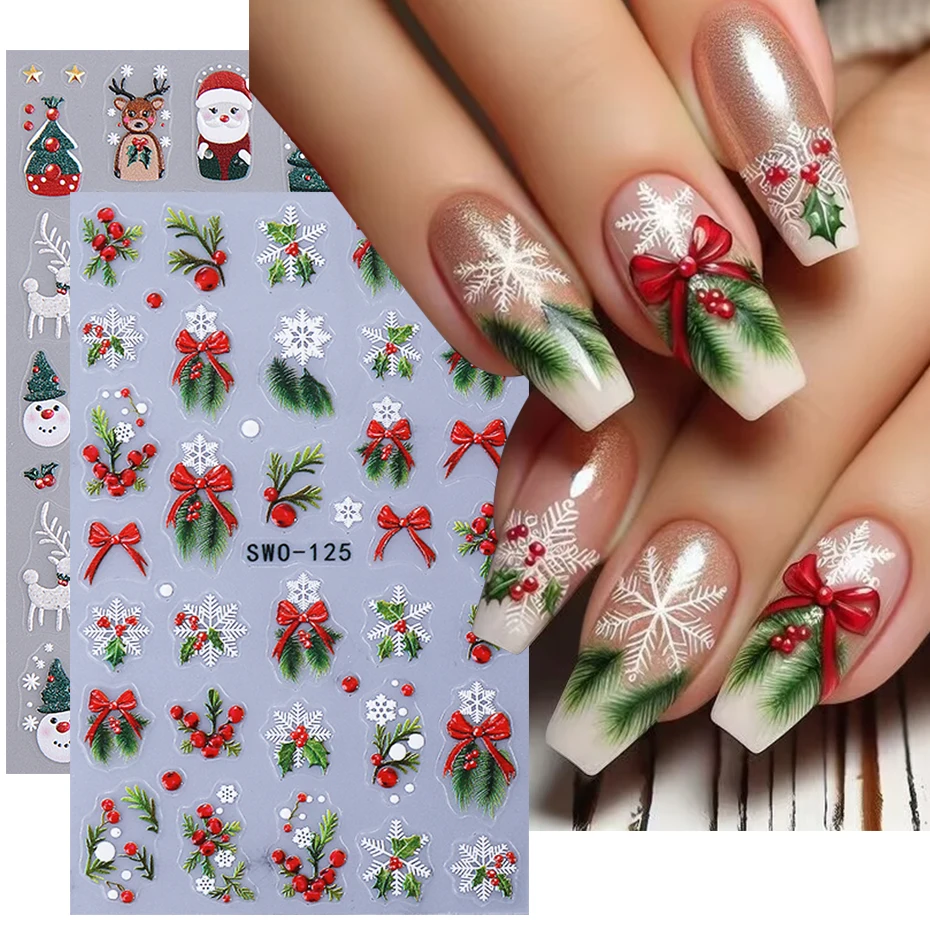 2pcs Cartoon Christmas Nail Art Stickers Self-Adhesive Winter Holly Snowflake Bow Santa Claus Reindeer Nail Decal Manicure Decor