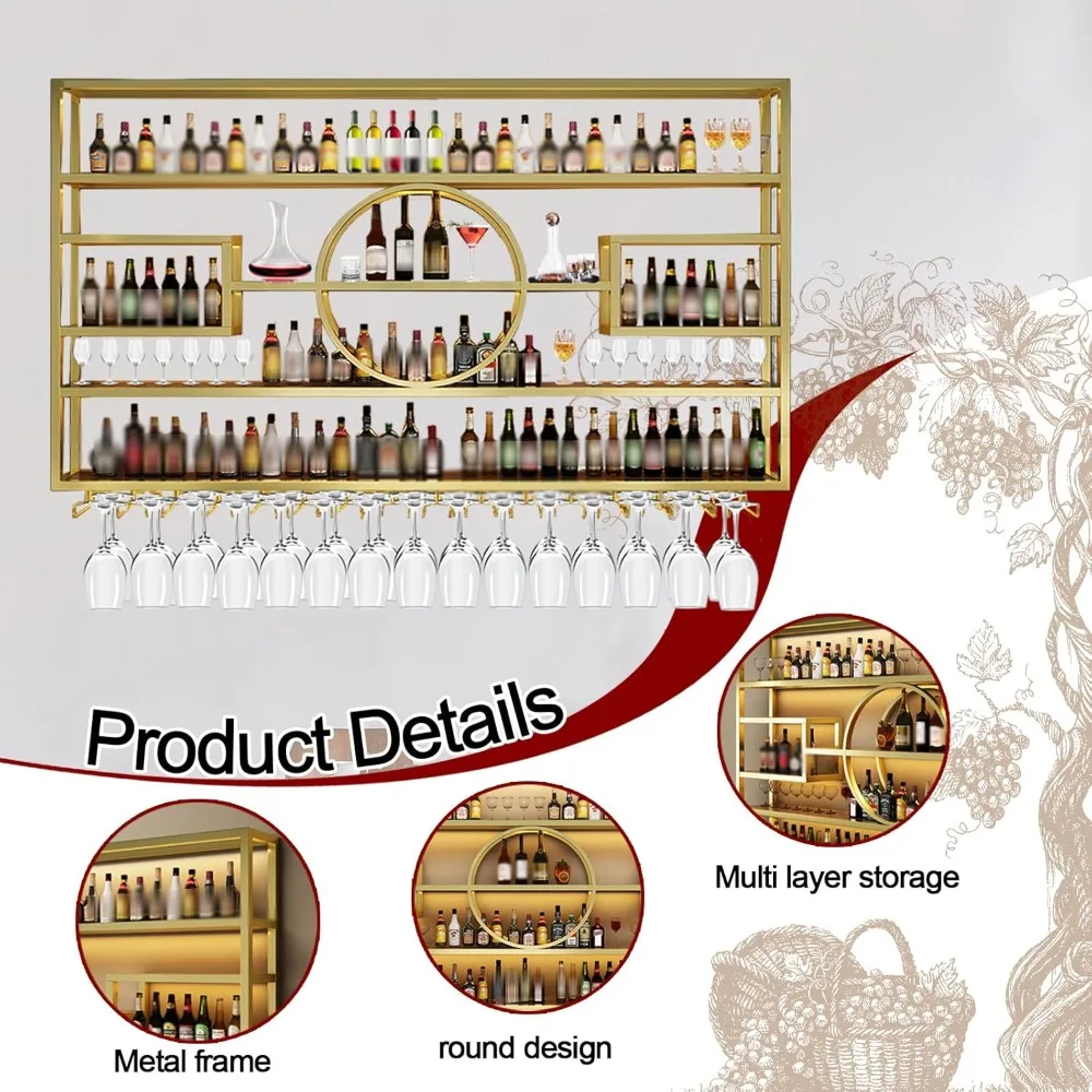 Rack de vinho de 63 polegadas montado na parede, prateleira de exibição de garrafas de vinho suspensa de grande capacidade com suporte para copos,