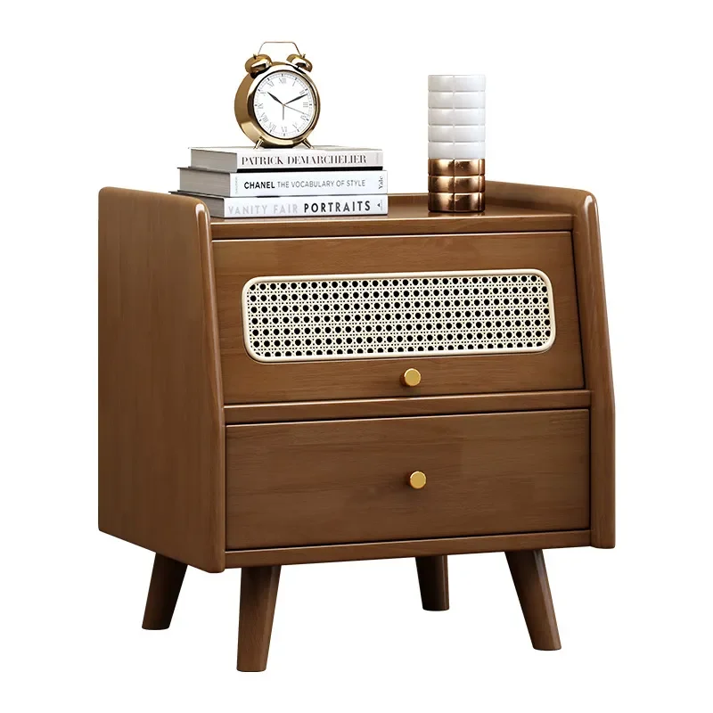 New Retro Rattan Bedside Table Medium Antique Style Bedroom Simple Modern 45CM Black Walnut Color Storage Cabinet for Home