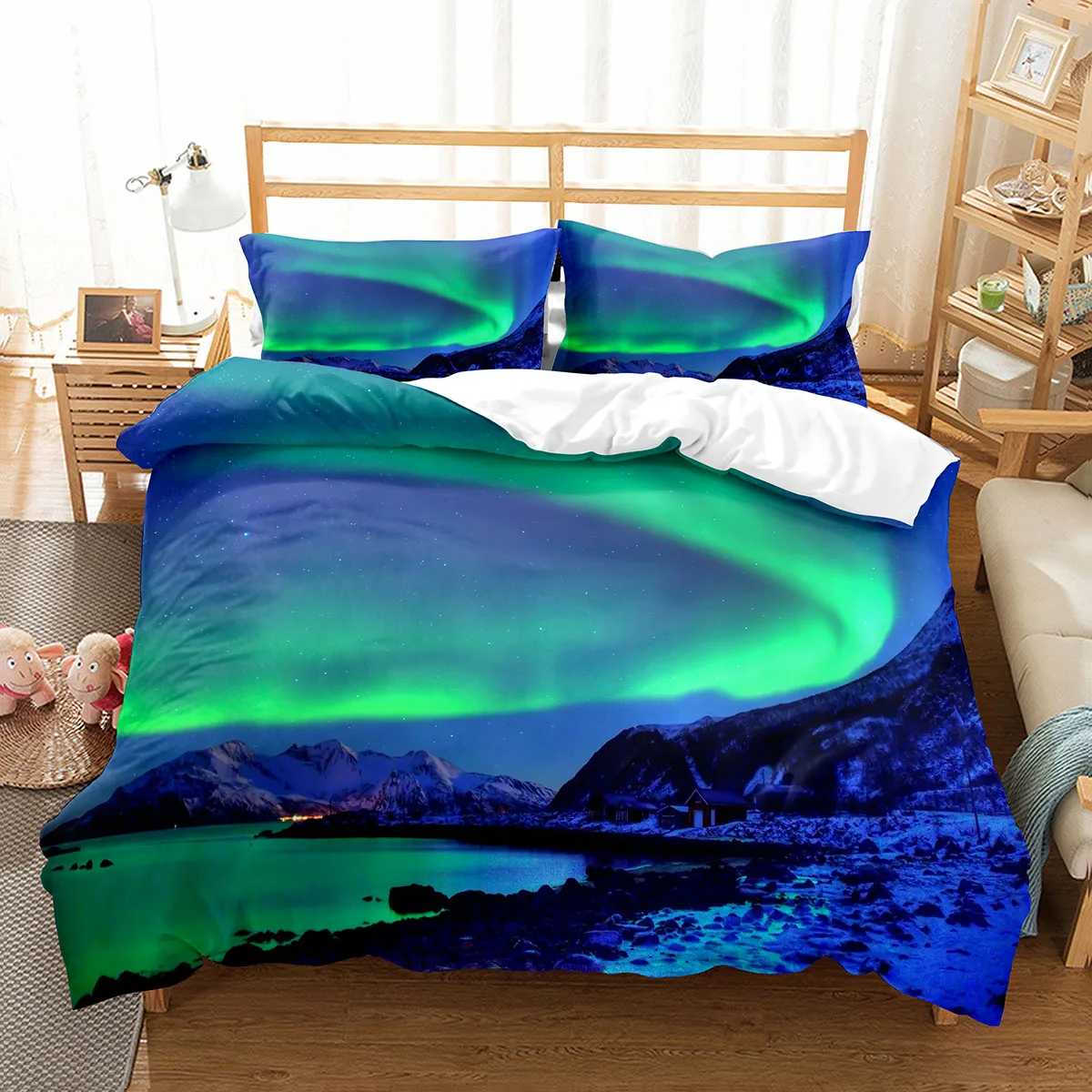 Northern Lights Duvet Cover Set King Full Size Natural Wonders Polyester Comforter Cover for Kids Teens Bedding Set Quilt Cover