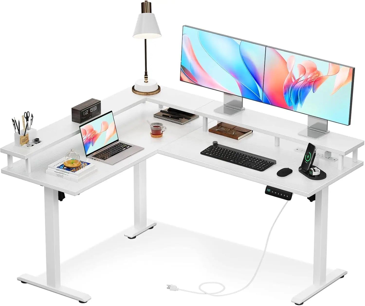 

Electric L Shaped Standing Desk 59 Inch Height Adjustable Stand Up Desk with Power Outlets ＆ Full Monitor Stand