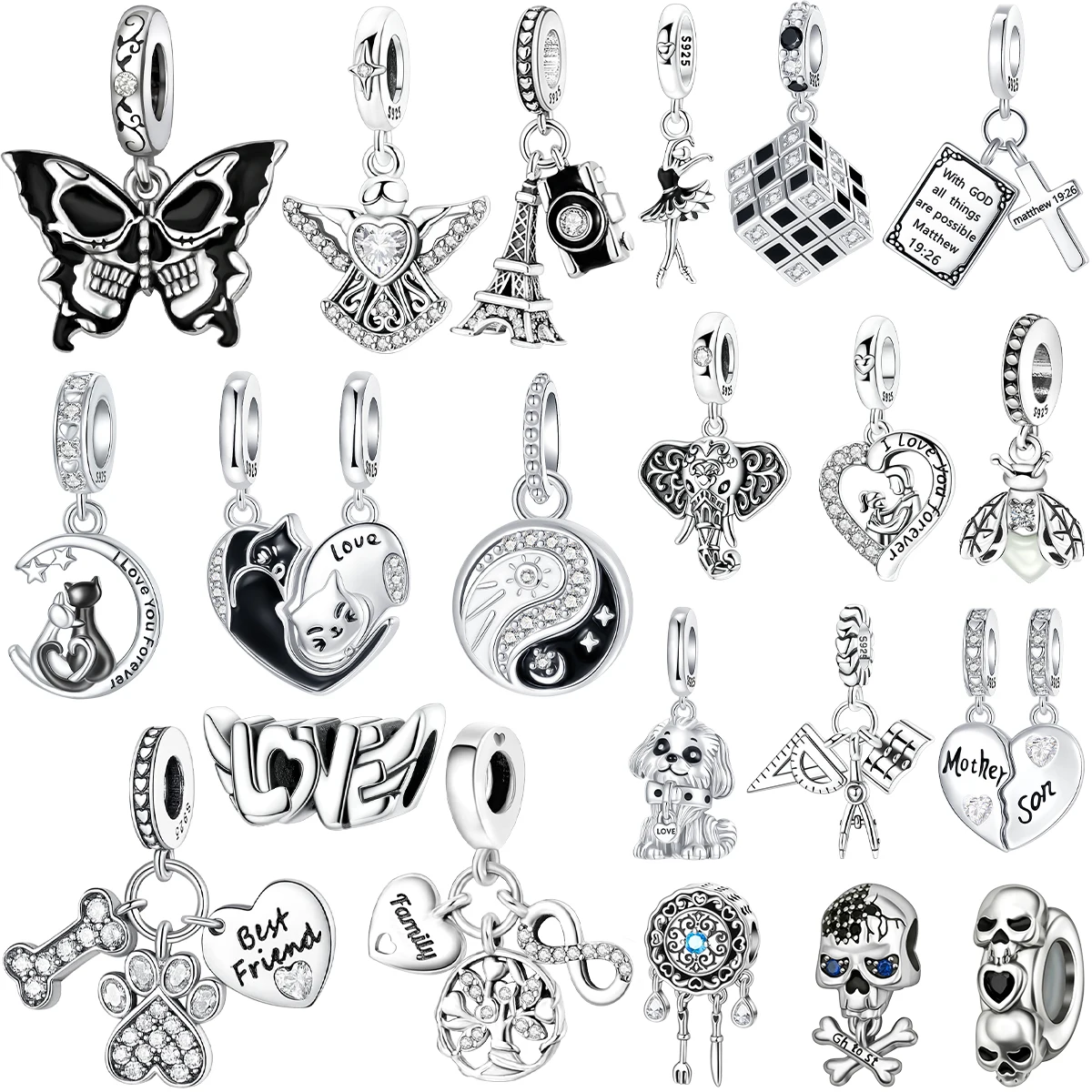 

Новые оригинальные стерлингового серебра 925 пробы, черно-белые подвески, череп, кошачья лапа, сердце, бусины, подвески, подходят для браслета, ожерелья, ювелирные изделия своими руками, подарок