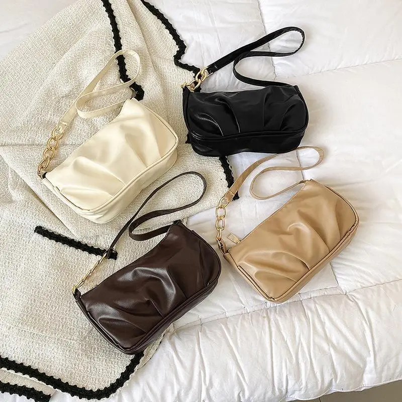 Concise Design New Trendy Autumn Pleated Shoulder Bag For Women Minimalist Small Square Portable Underarm Crossbody Handbag