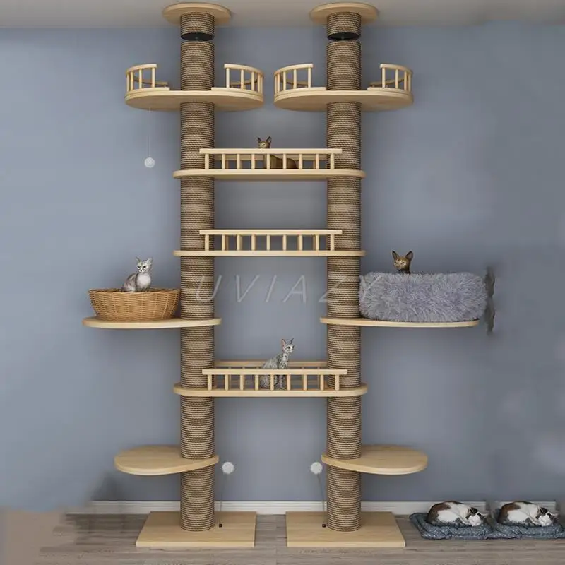 

Multi-layer Double Column Floor-to-Ceiling Cat Tree Cat Climbing Tower with Natural Sisal Rope Scratching Post Tall ClimbingTree