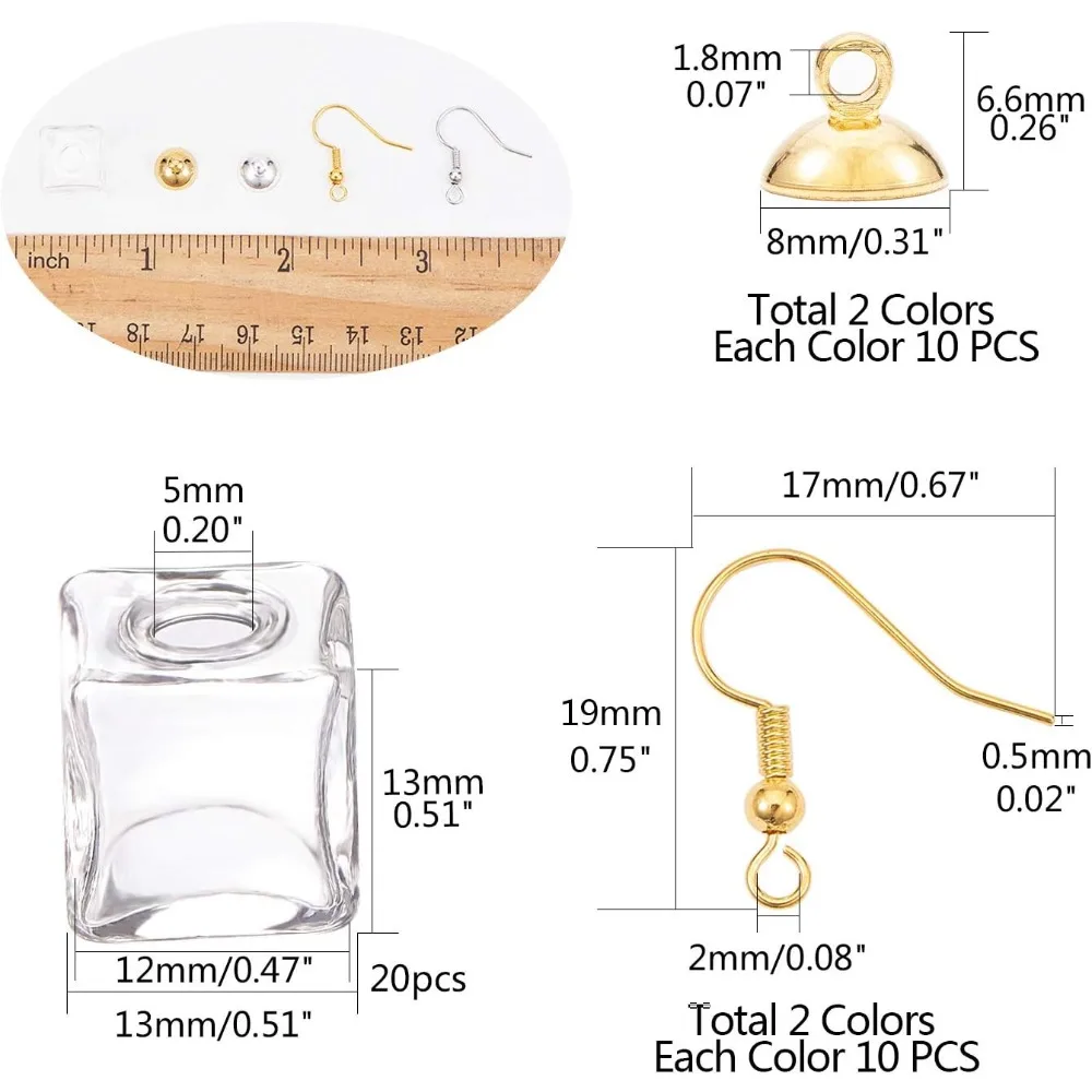 20pcs Cube Glass Bottle Vial Charm Clear Wishing Bottle Miniature Empty Jars Message Bottle with Caps and 20pcs Earring Hooks