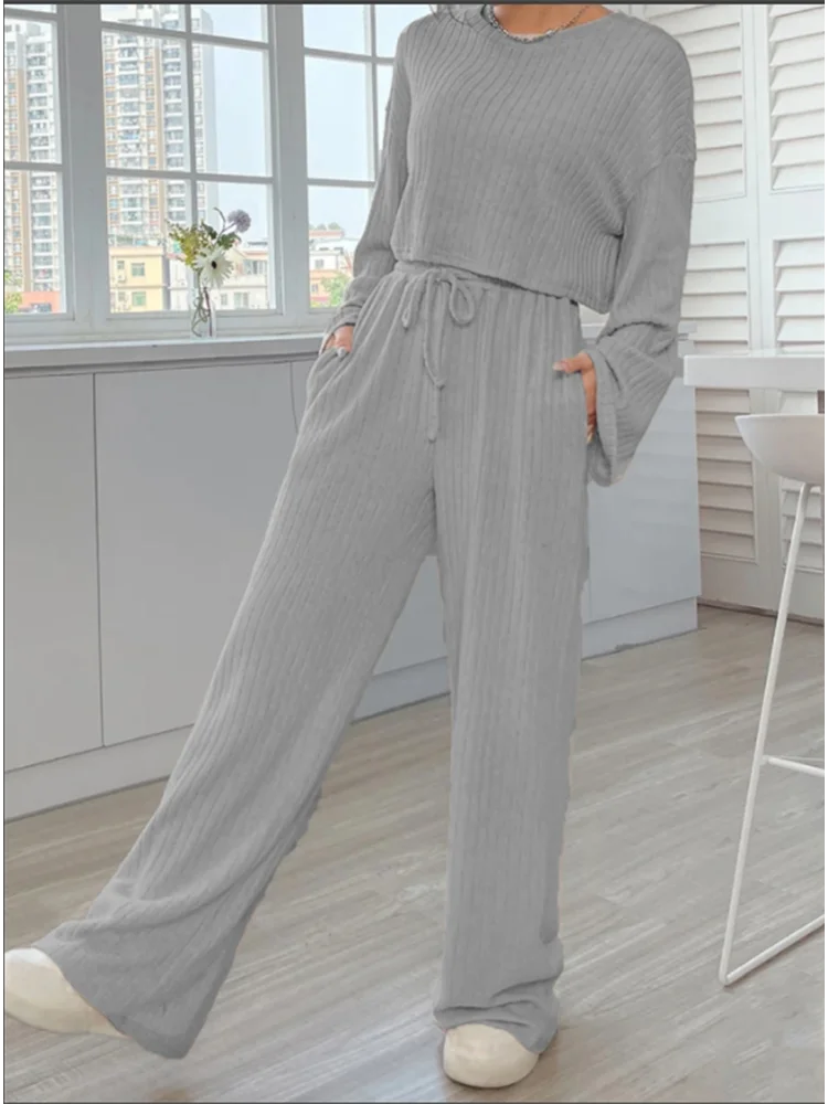 Casual Grey Long Sleeve Round Neck Suit Women\'s Solid Color Loose Top Trousers Autumn Sports Fashion Set