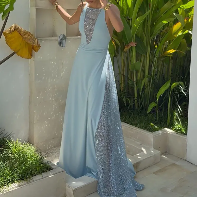 

Синее вечернее платье с пайетками и сетчатой спинкой для женщин, сексуальное коктейльное платье на бретельках с круглым вырезом, длинное платье для торжественных мероприятий 2026