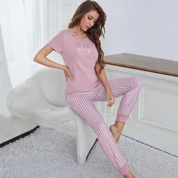 Ladies 2 Piece Summer Homewear Nightwear Spring Women Short Sleeve Long Pants Printed T-Shirt Ladies Pajamas Casual Set