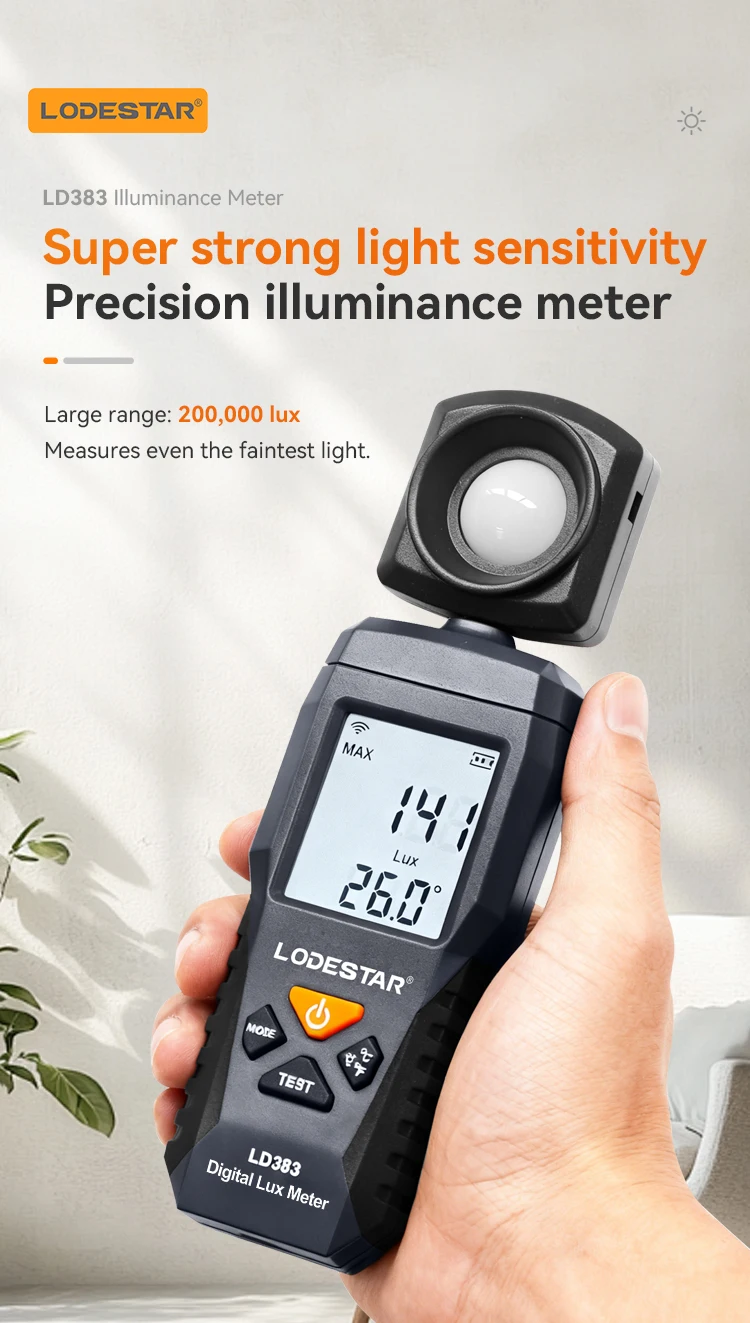 LODESTAR LD383 Light Meter Digital Illuminance Meter Handheld Ambient Temperature Measurer with Range up to 200,000 Lux Luxmeter