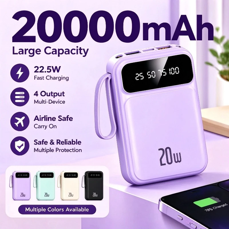 Mini Power Bank 20000mAh with 4 Built-in Cables LED Light Removable Cable Portable Charger for iPhone Android
