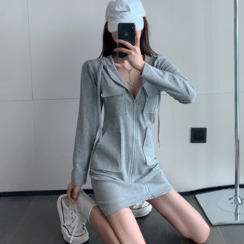 Spring Autumn Solid Color Hooded Slim Fit Dresses Women Elegant Sexy Long Sleeved Cardigan Short Frocks Casual Sports Vestidos