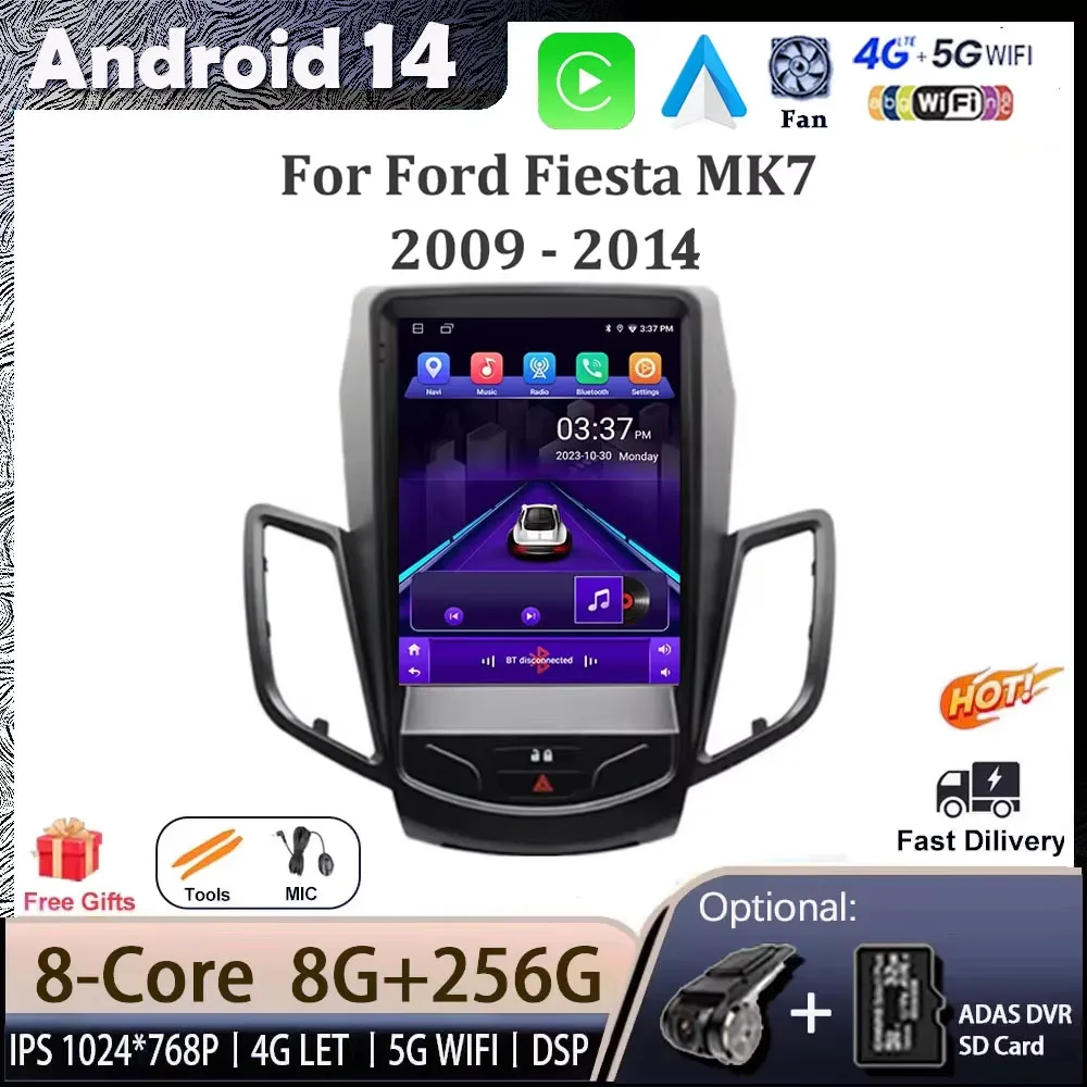 for Ford Fiesta Mk7 2009 - 2014 Android 14 Auto Radio Car Multimedia Player Navigation Screen DSP GPS WIFI Wireless Carplay BT