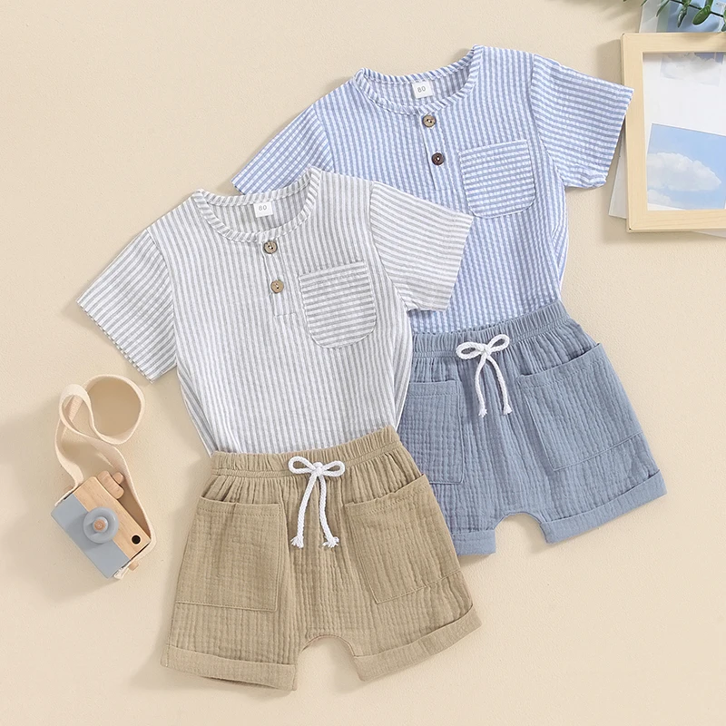 

6M-4Y Toddler Kids Baby Boys Summer Clothes Sets Short Sleeve Button Striped T-shirts Tops Drawstring Shorts Casual Outfits