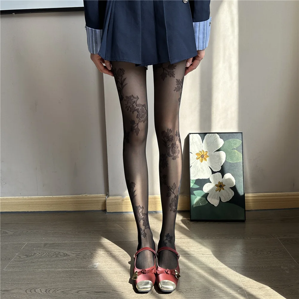 Summer Ultra-Thin Retro Rose Jacquard Women's Pantyhose High-Elastic Lace Sheer Two Colors Hottie Sexy Hosiery Tights
