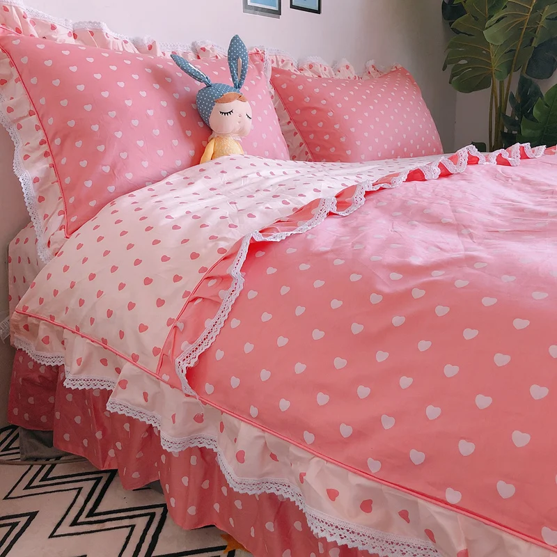 

Korean 100% Cotton Pink Bedding Set, Princess Lace Ruffle Duvet Cover with Sweet Heart, Fairy Elegant Bedding Sets for Girls