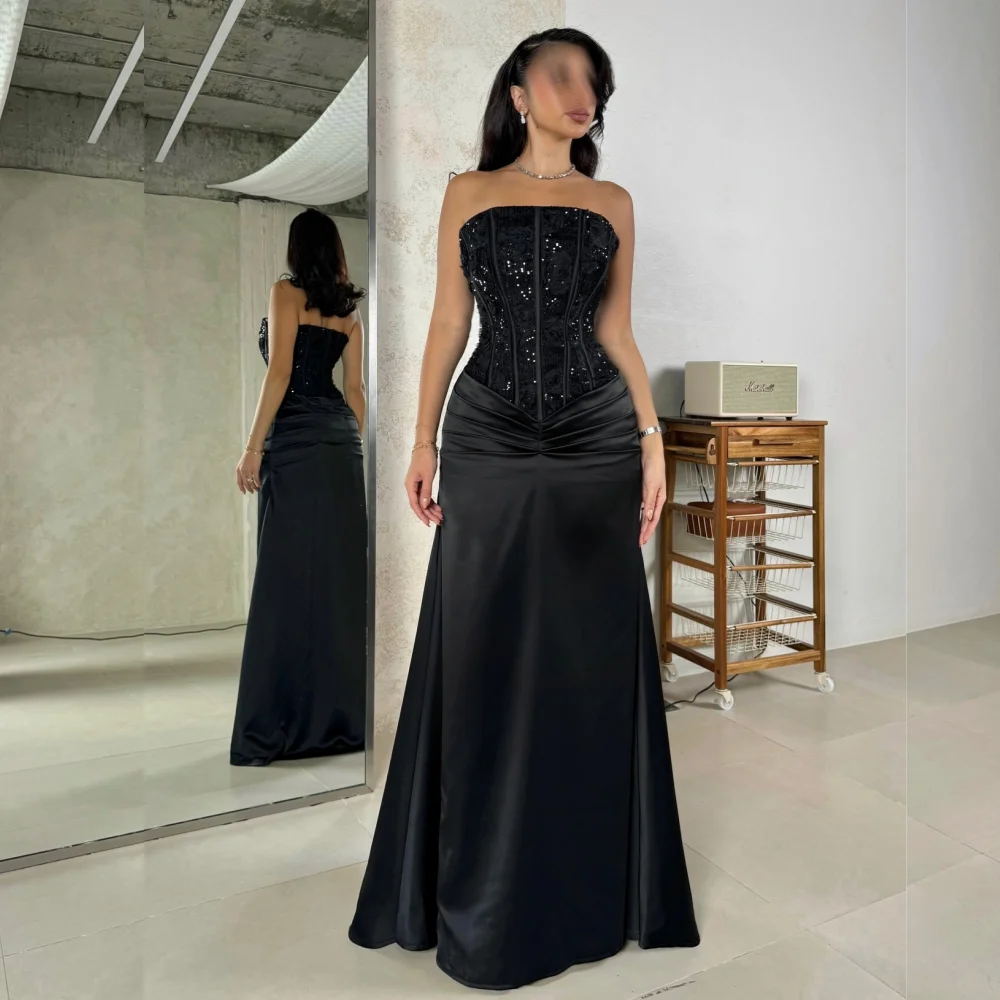 

Customized Charmeuse Sequined Temperament Straplesss Black Long Dresses Bespoke Occasion Luxury Evening Elegant Party Wedding