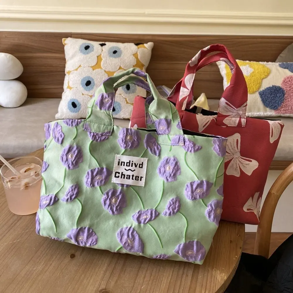 Sac fourre-tout en toile florale tulipe pour filles, sac à déjeuner réutilisable, sac à provisions, sac à main à nœud unique, peinture à l'huile de style français