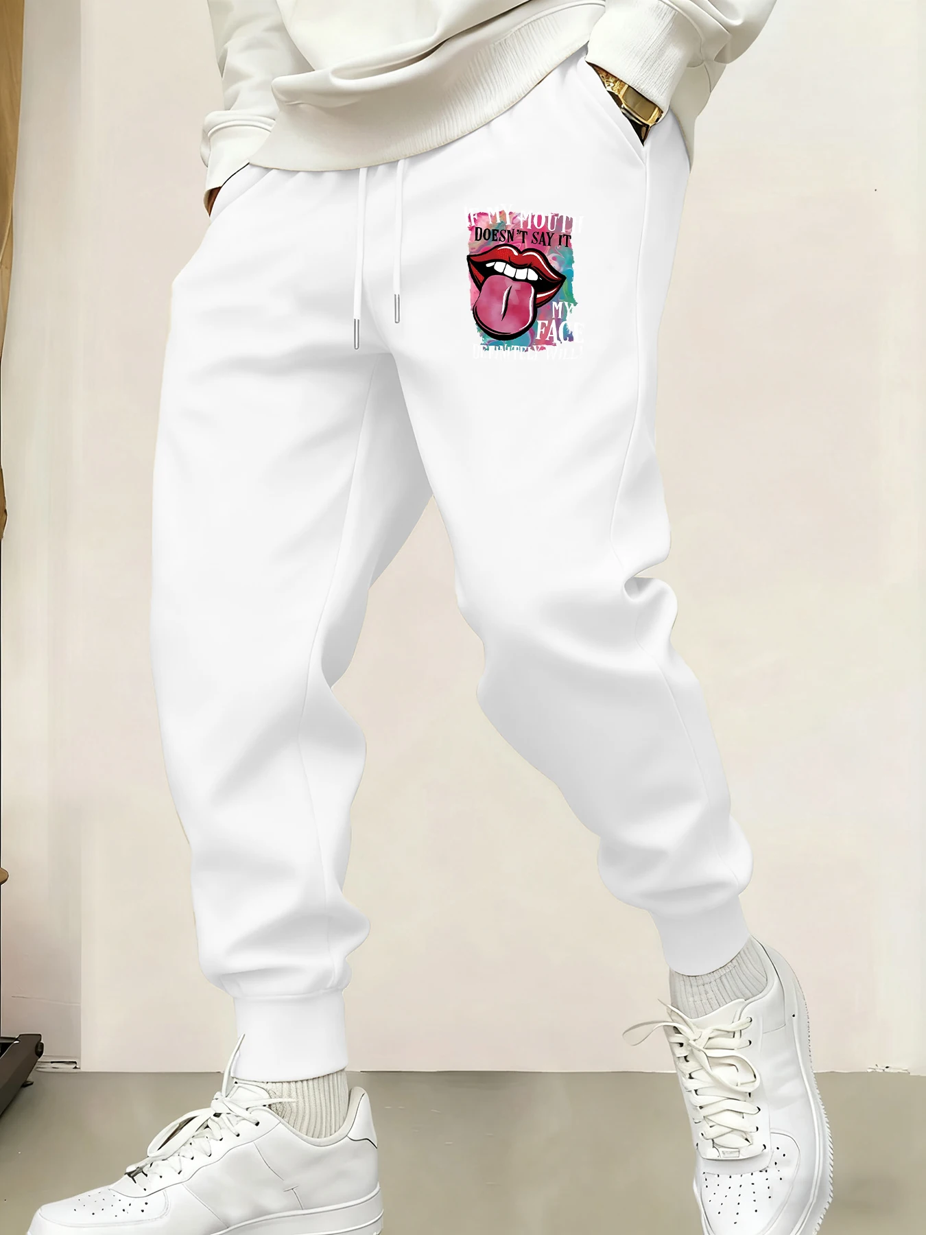 Mouth Stick Out Tongue Print Mans Sweatpants Warm Casual Britches Joggers Street Long Pants Pocket Hip Hop All-Match Trousers