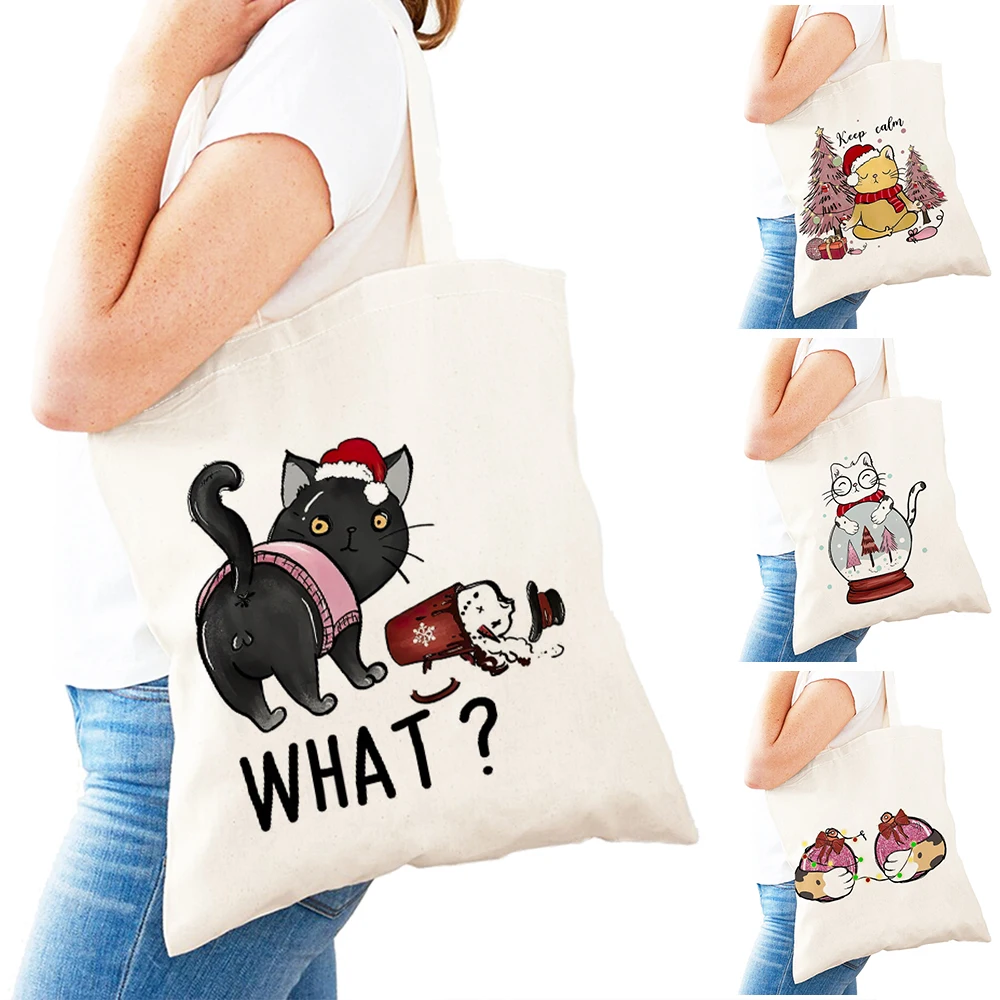 

Casual Chef Cat Women Daily use Bags Lightweight Christmas Cat Girl Shopper Shoulder Handbag Snow Globe Kitty Lady Shopping Bag