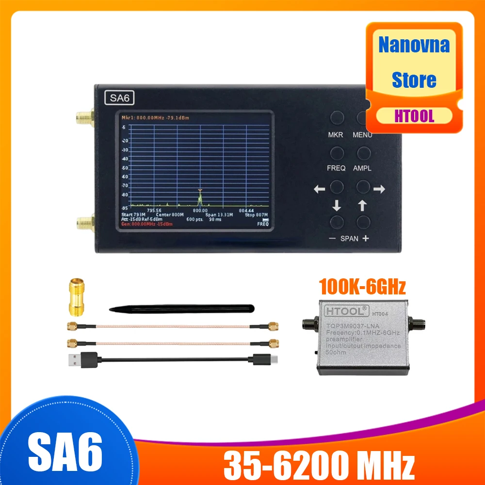

Nanovna SA6 Spectrum Analyzer 6GHz 35-6200 MHz HT004 Battery Signal Generator Provide Software Signal Amplifier Low Noise 20dB