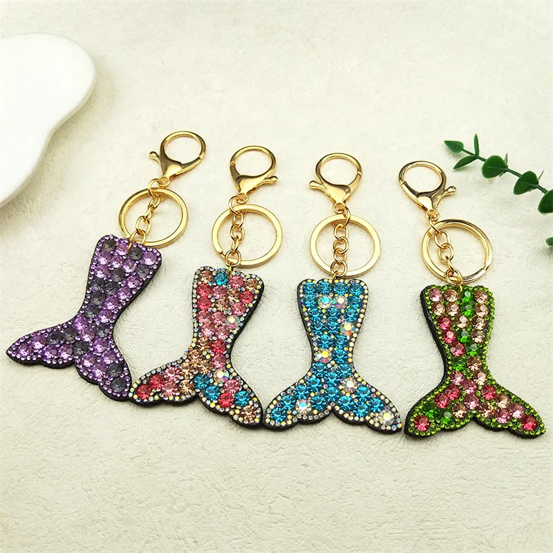 Beauty's Tail Fishtail Keychain For Women Stainless Steel Colorful Rhinestone Bling-Bling Mermaid Keyring Festival Jewelry Gifts