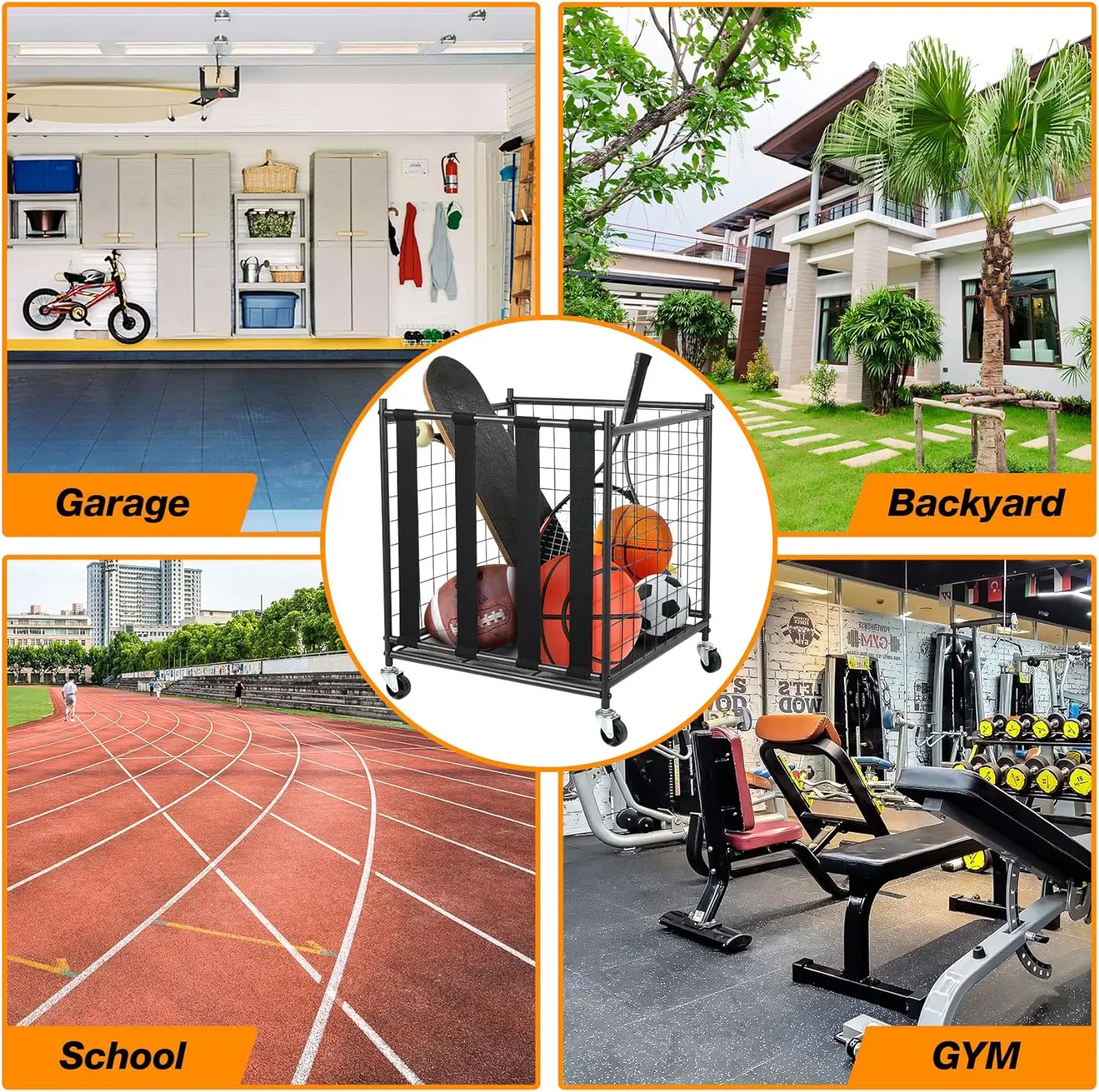 바퀴 달린 이동식 잠금 가능한 농구 케이지 스틸 수납 랙, 롤러가 있는 수납용품, 공, 장난감, 액세서리 보관용