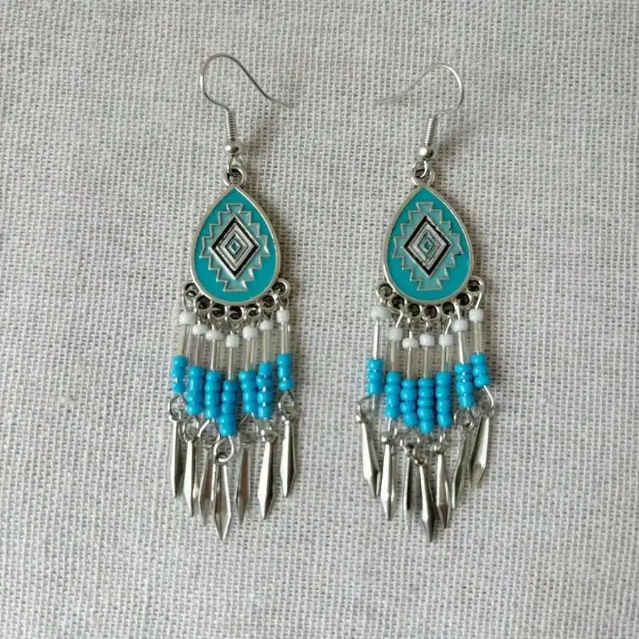 

Bohemian Style Teardrop Geometric Tassel Earrings With Blue Beads And Pointed Charms