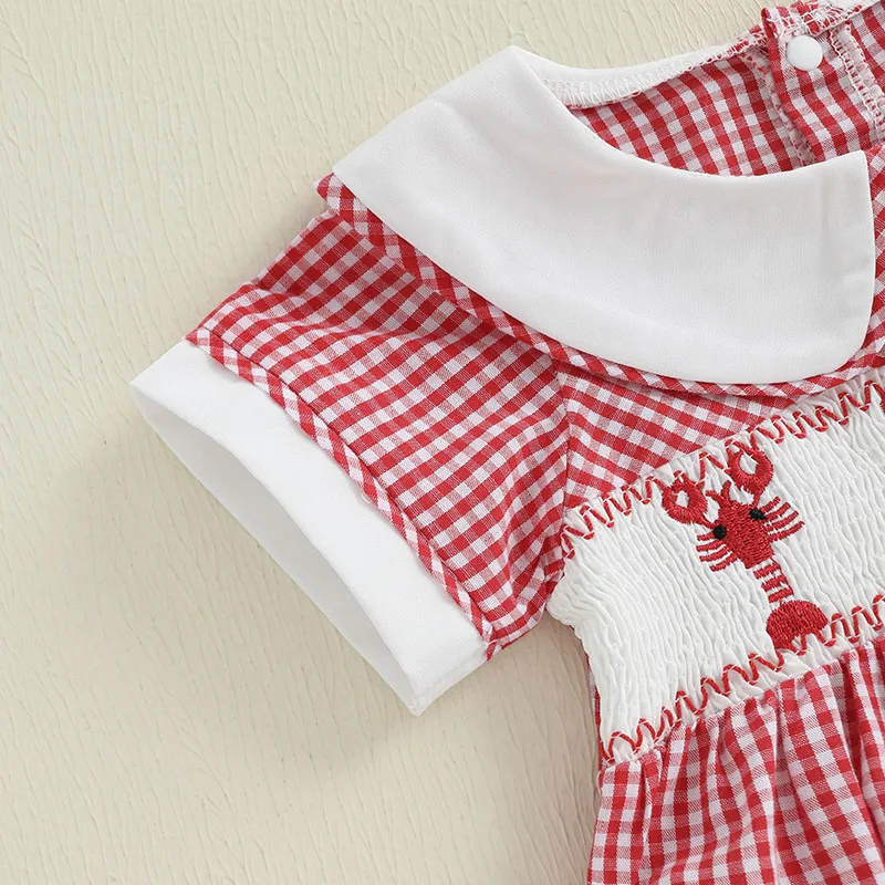طفل الفتيات الصيف رومبير عارضة جراد البحر التطريز منقوشة دمية طوق قصيرة الأكمام الوليد بذلة لملابس أزياء الطفل
