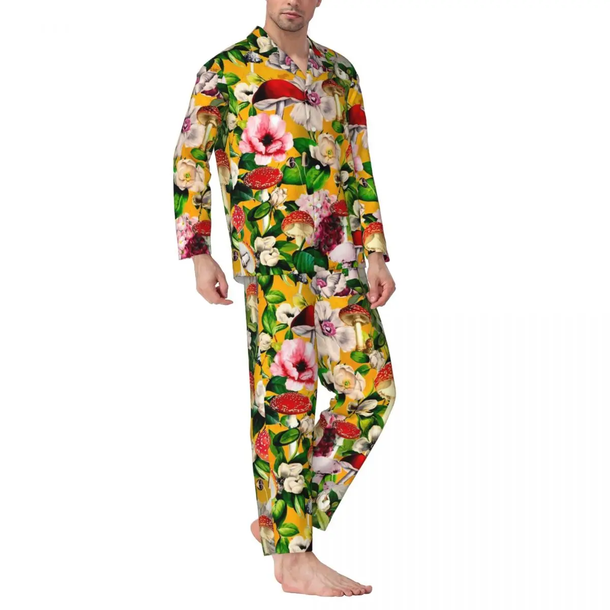 Vintage Mushrooms Sleepwear Autumn Floral Garden Casual Oversized Pajamas Set Male Long Sleeve Soft Night Graphic Home Suit