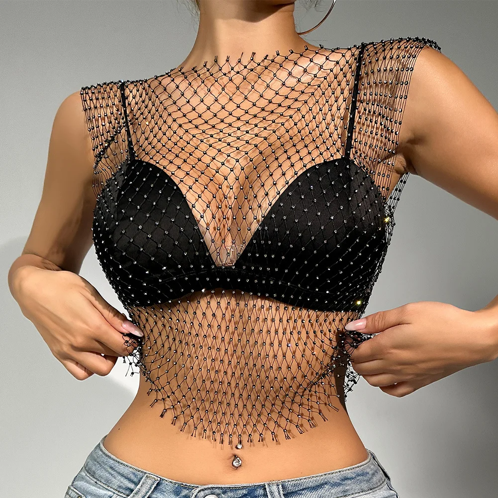 Mesh Crop Top Women Crop Top Crop Top Transparent Ventilation Comfortable Fish Hollow Out Mesh Party Rhinestone