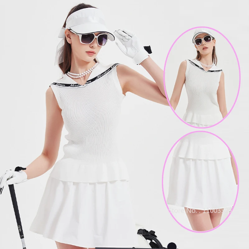 

MG Leisure Sporty Polo Neck Tank Top Women Knitted Thin Golf Tennis Shirts Ruffle A-lined Skirt Ladies Elegant Golf Skorts
