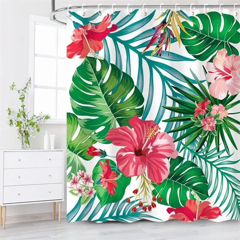 Tropical Leaves Shower Curtain Green Monstera Palm Leaf Parrot Jungle Animals Watercolour Art Cloth Bathroom Curtains Decoration