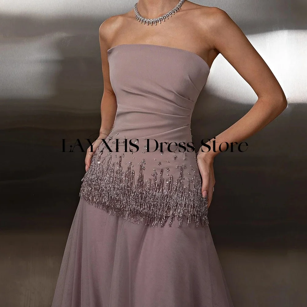 Suknie wieczorowe bez ramiączek LAYXHS, luksusowe, zdobione koralikami, tiulowe, o kroju litery A, zapinane na zamek, sukienki na studniówkę, szyte na miarę, платье вечернее