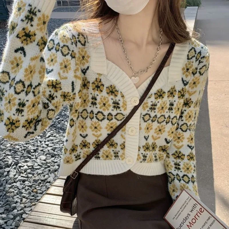 Floral Cardigan Women Spring Cozy Casual College Chic Fashion Ulzzang Style V-neck Daily Retro Кардиган Женский Tender Vintage