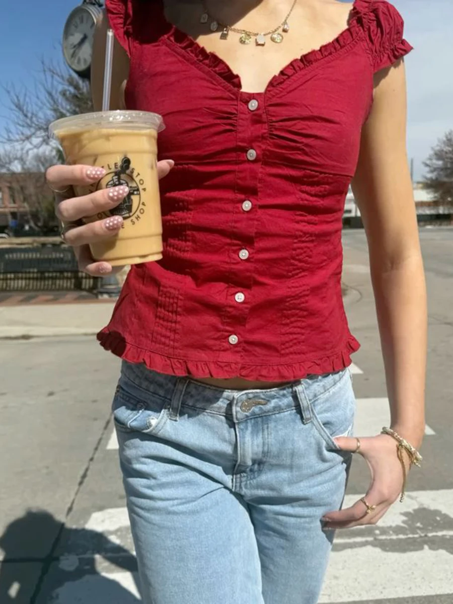 الأحمر كشكش سليم تي شيرت بلوزة المرأة الخامس الرقبة واحدة الصدر نفخة الأكمام تي شيرت الصيف الحلو شيك نمط Preppy Y2k بلايز تيز #2