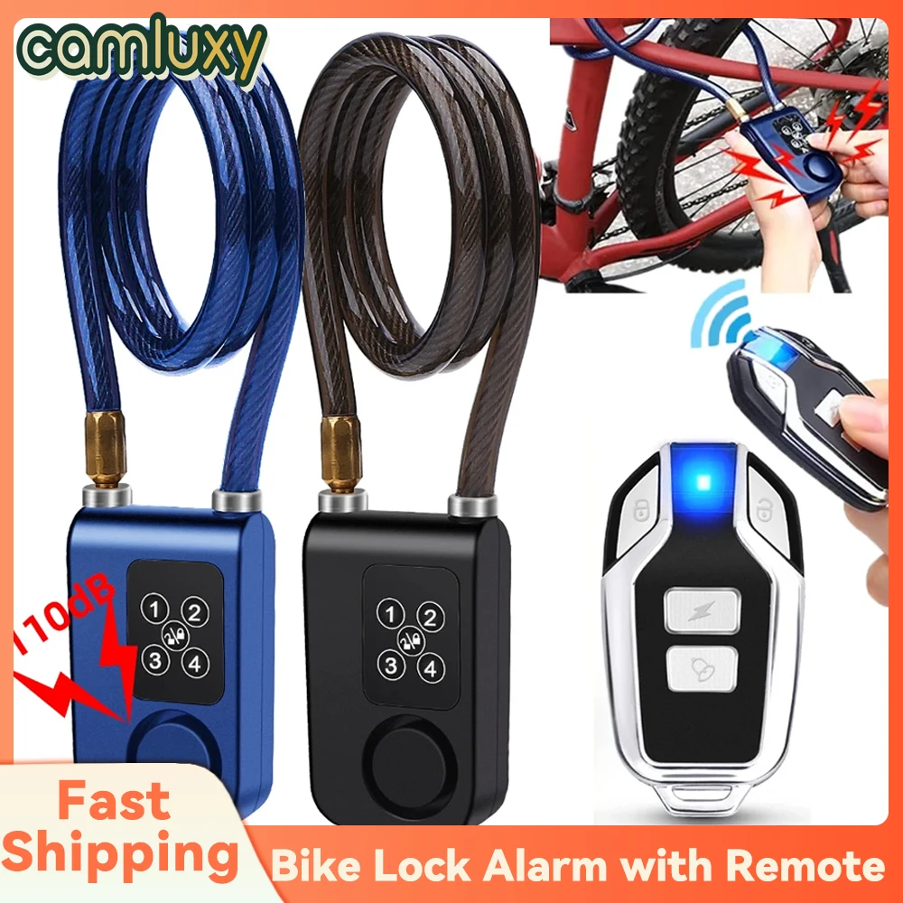 Camluxy 110dB Bike Lock Alarm with Remote Universal Lock Alarm Anti Theft Motion Sensor IP55 Waterproof Alarm Cable Lock