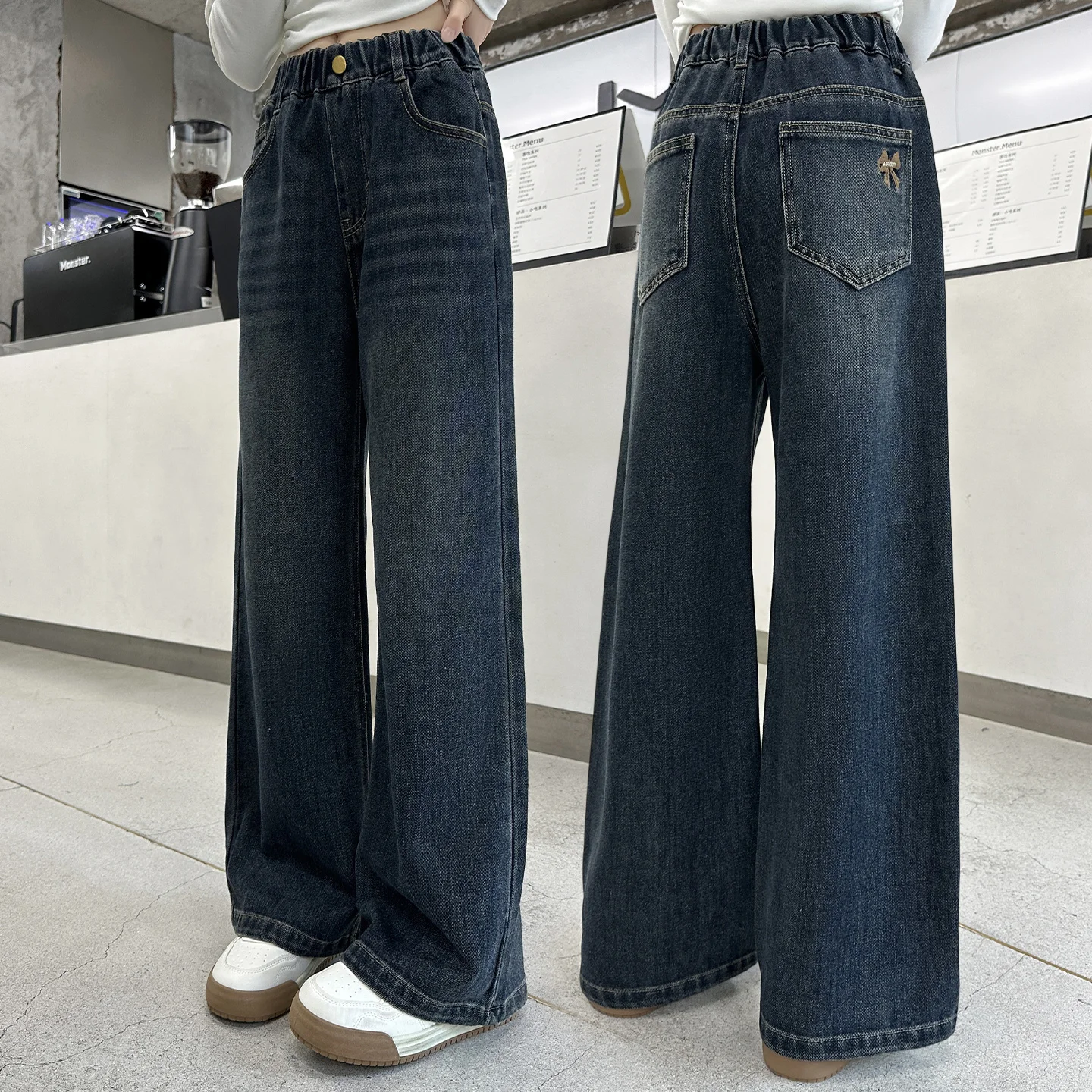 

Classic Design Children Vintage Blue Straight Jeans with Bows For Girls Spring Autumn Denim Pants Kids Teenager Casual Trousers