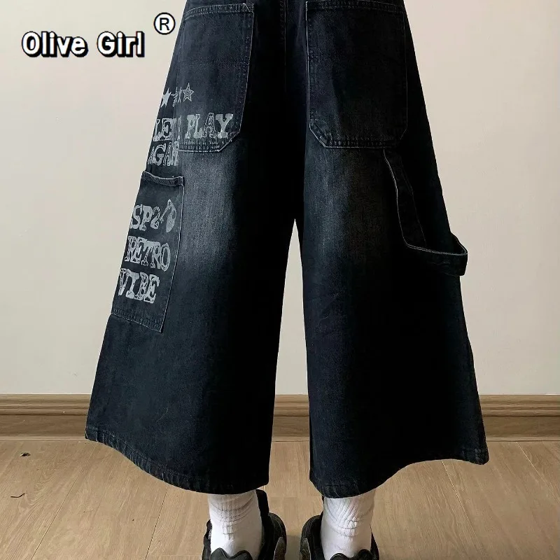 Olivegirl Women's Summer Retro American Letter Print Wide Leg Jeans Loose Slim Seven-Foot Pants Pear Body Shape Casual Wear