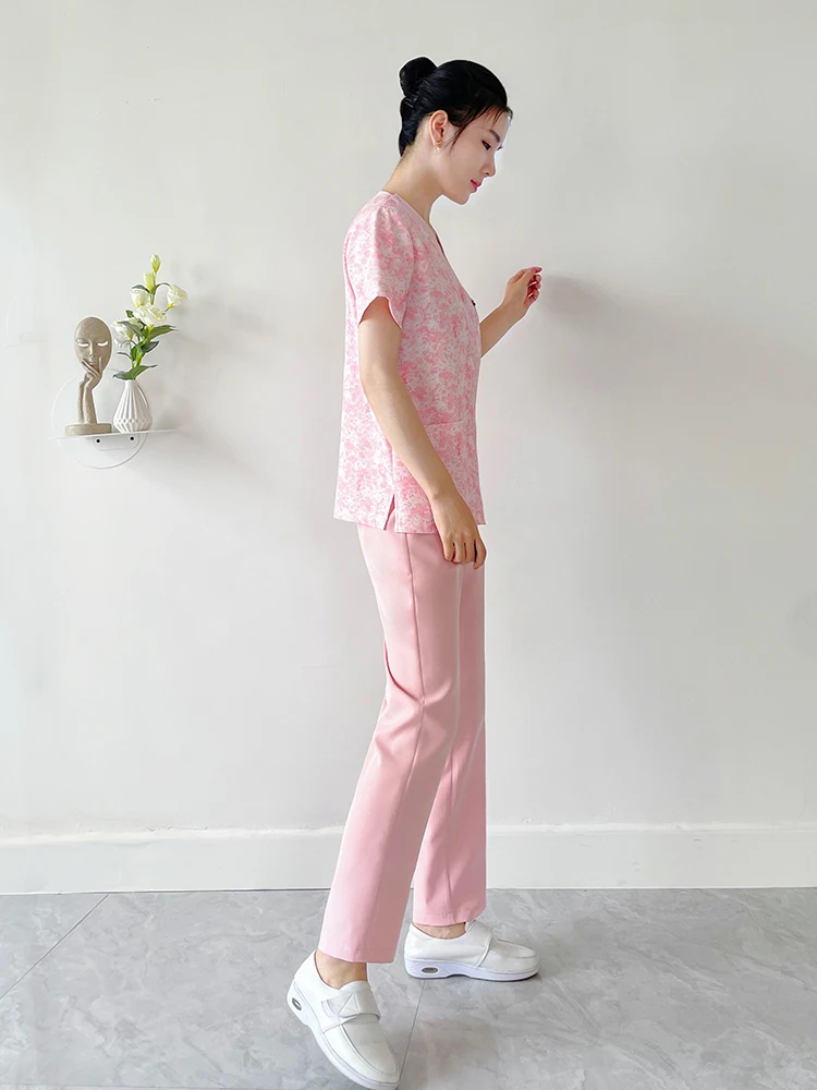 

Seamless Short Sleeve V-Neck Nurse Uniform Dental Oral Pediatrics Hospital Workwear Elastic Beauty Suit Separate Design