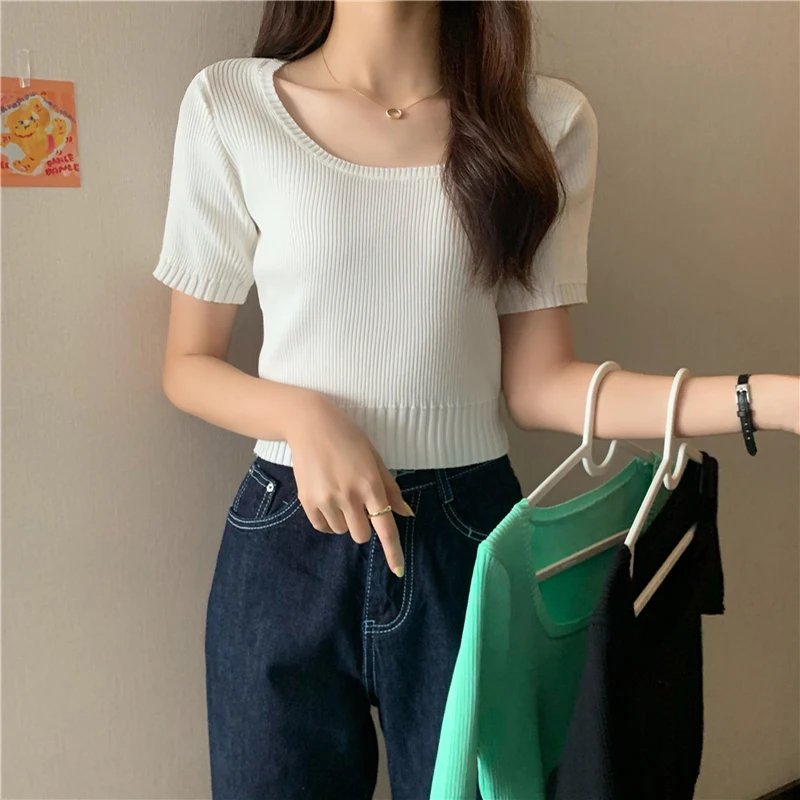 

Slim Fit Short Sleeve Knitwear Ice Silk Thin Summer Spring Women's Large Size Fashionable Korean Style Square Collar Top