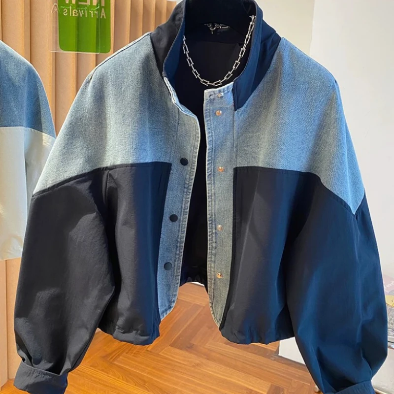 

Джинсовая куртка с воротником-стойкой для женщин, весенне-осенняя свободная повседневная короткая контрастная уличная куртка, топы, верхняя одежда