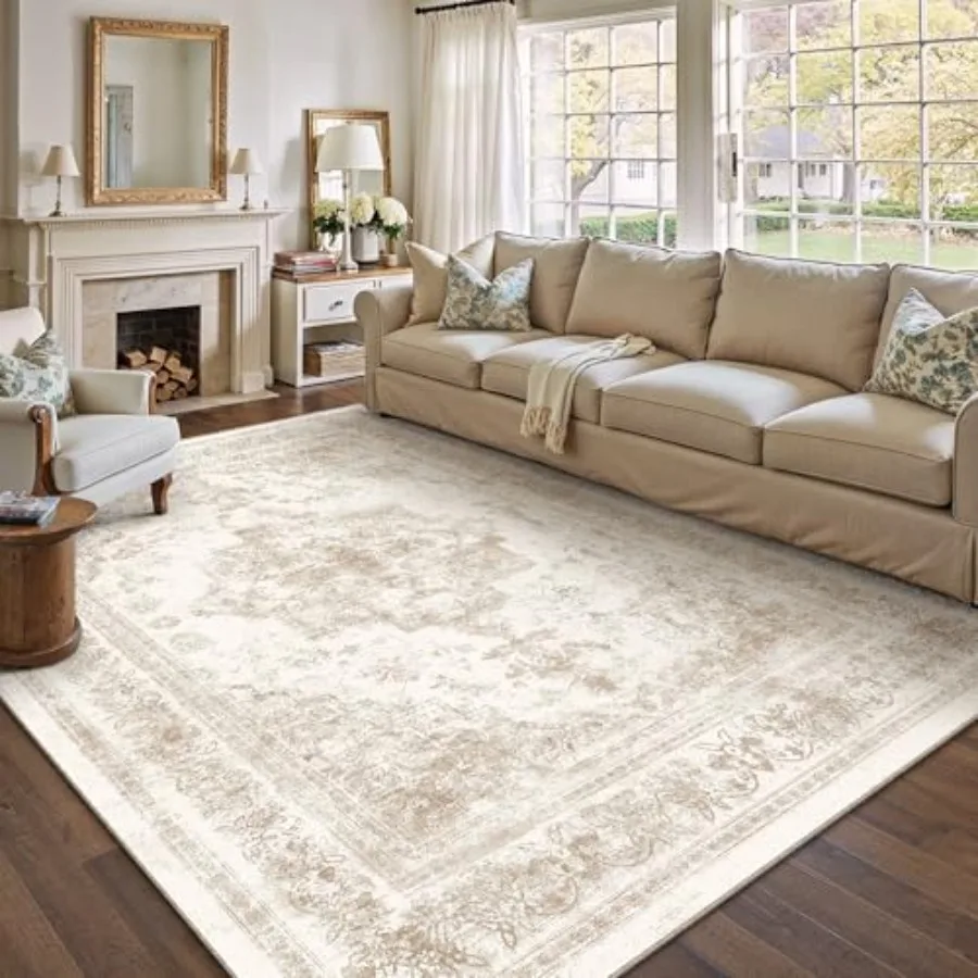 

Area Rug 10x12 Cream Washable Living Room Beige Carpet Non Slip Vintage Medallion Indoor Bedroom Beige Carpet Low Pile Soft Ret
