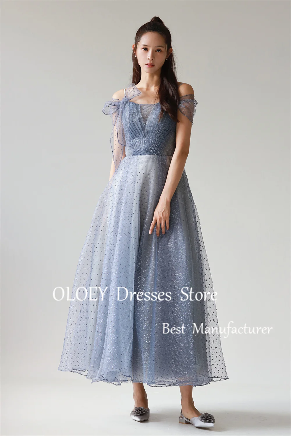 OLOEY Fairy Blue Glitter Long Prom Dress Korea Wedding Photoshoot Silky Organza Party Dress Corset Back Ankle Length Custom Made