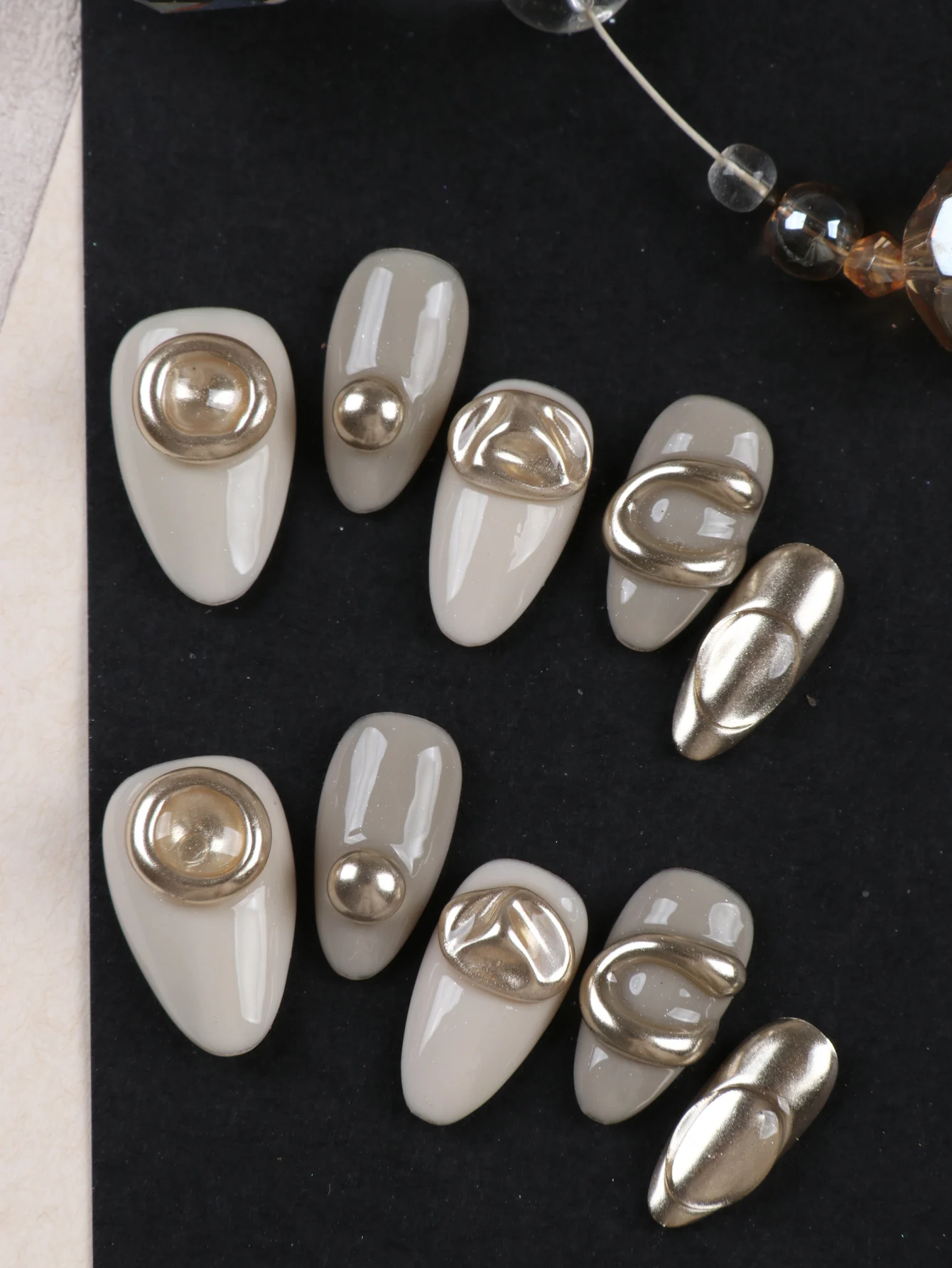 10Pcs Press on Nails shortalmond beige Brown golden nail art Fake Nails Includes 1 Sheet Adhesive Tabs & 1 Pc Mini File