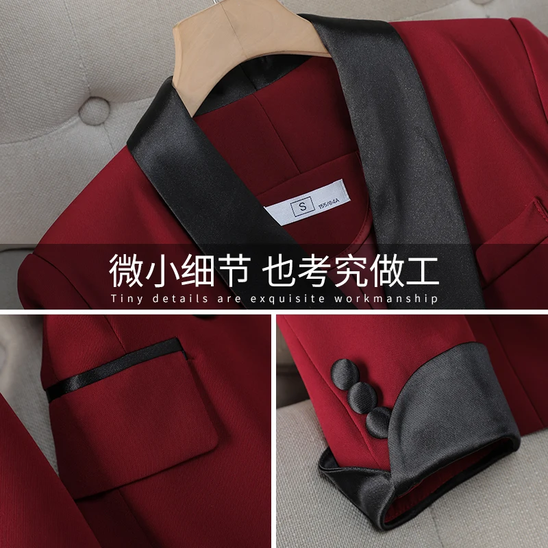 ฤดูใบไม้ร่วงผู้หญิงทํางาน Blazer สูทสีดําสีแดง Patchwork Double Breasted Coat Top และกางเกงเอวสูง 2 ชิ้นชุด Office Lady