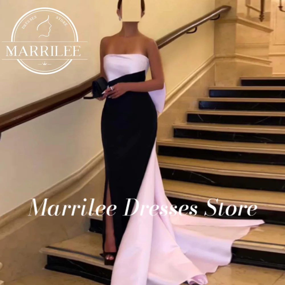 

Marrilee Customized Sleeveless Contrast Color Boat Neck Panel Train Side Silt Ladies Gowns For Special Occasion Bow Charming