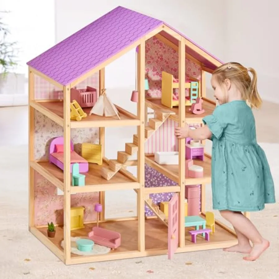 

Wooden Dollhouse for Girls - 6 Rooms Wooden Doll House DIY Pretend Doll House with 31Pcs Furniture Accessories Creative Gift fo